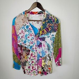 Sacred Threads Boho Patchwork Floral Button Down Top Hippie Size Small